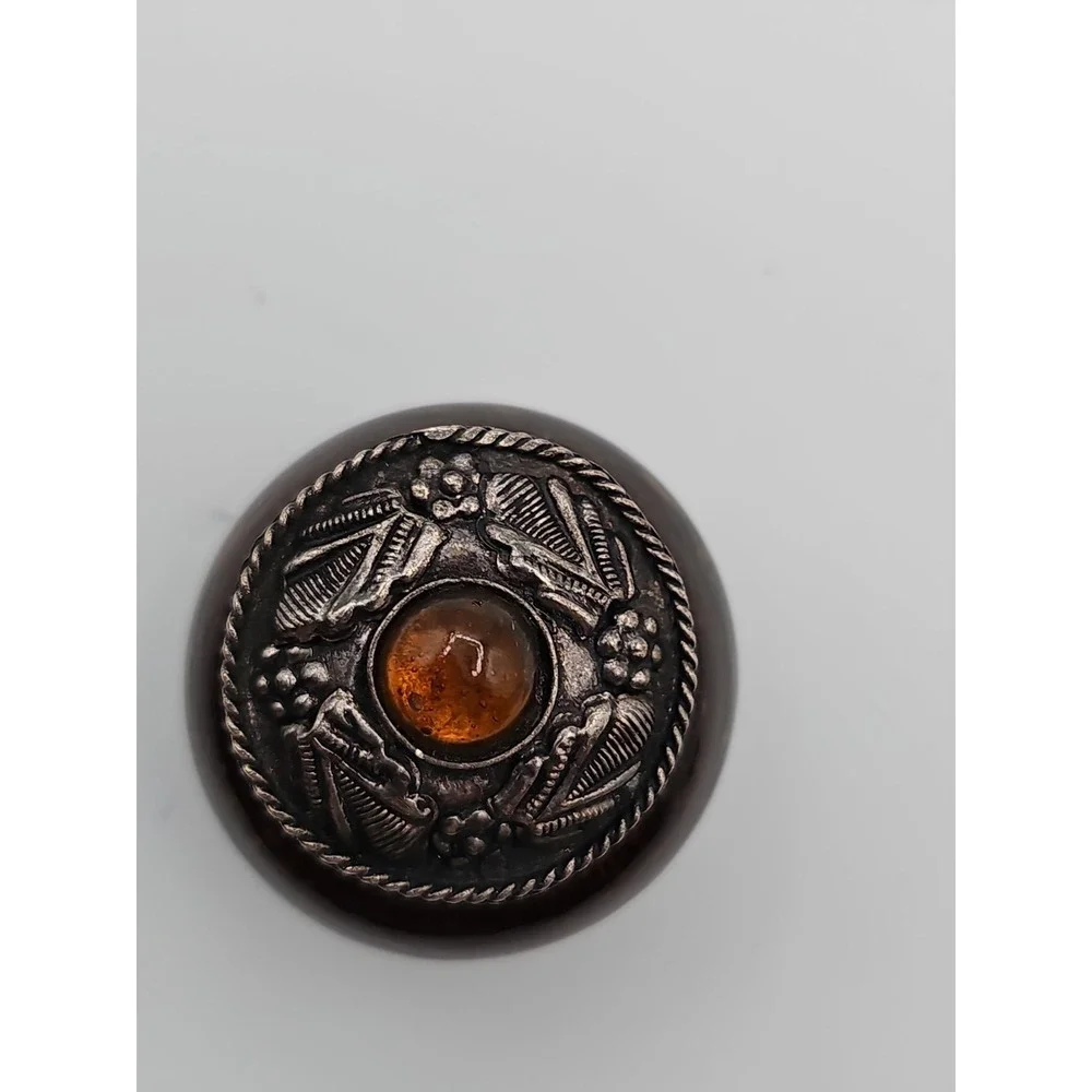 Vintage India Amber Glass Trinket Box Silver Tone Hinged Lid Footed Jewelry Box